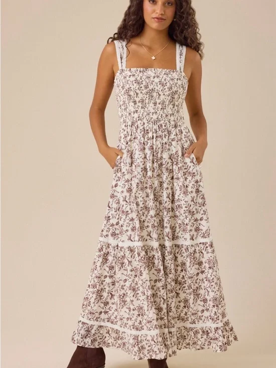Altar'd State Cream Maxi Dress with Brown Floral Print - Picture 1 of 4